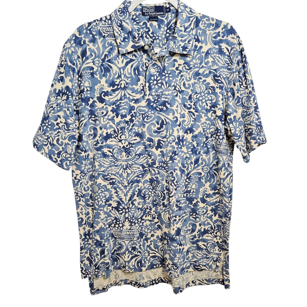Vintage Polo Ralph Lauren Mens Hawaiian Polo Shirt Floral Retro Blue Cream M